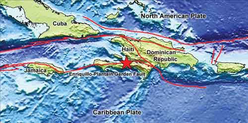 The Enriquillo-Plantain Garden fault zone, named by Paul Mann in 1983, forms part of the boundary between the North American and Caribbean plates. The image shows the topography and bathymetry around Haiti, the present-day plate boundaries (red lines) and the epicenter of the Jan. 12, 2010 Haiti earthquake (red star). Image: Compiled by Lisa Gahagan (UTIG) with topo/bathy data from Walter Smith and David Sandwell, plate boundary data from the PLATES Project at UTIG and epicenter data from USGS.