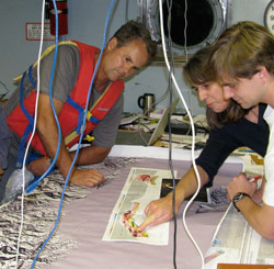 Paul Mann (pictured left) aboard a research vessel just off Haiti’s coast where scientists were doing a seismic survey. Photo: Marcy Davis