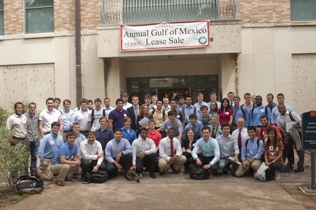 Class photo: 125 students in the class Petroleum Geology: Basin and Trend Analysis competed in the lease sale