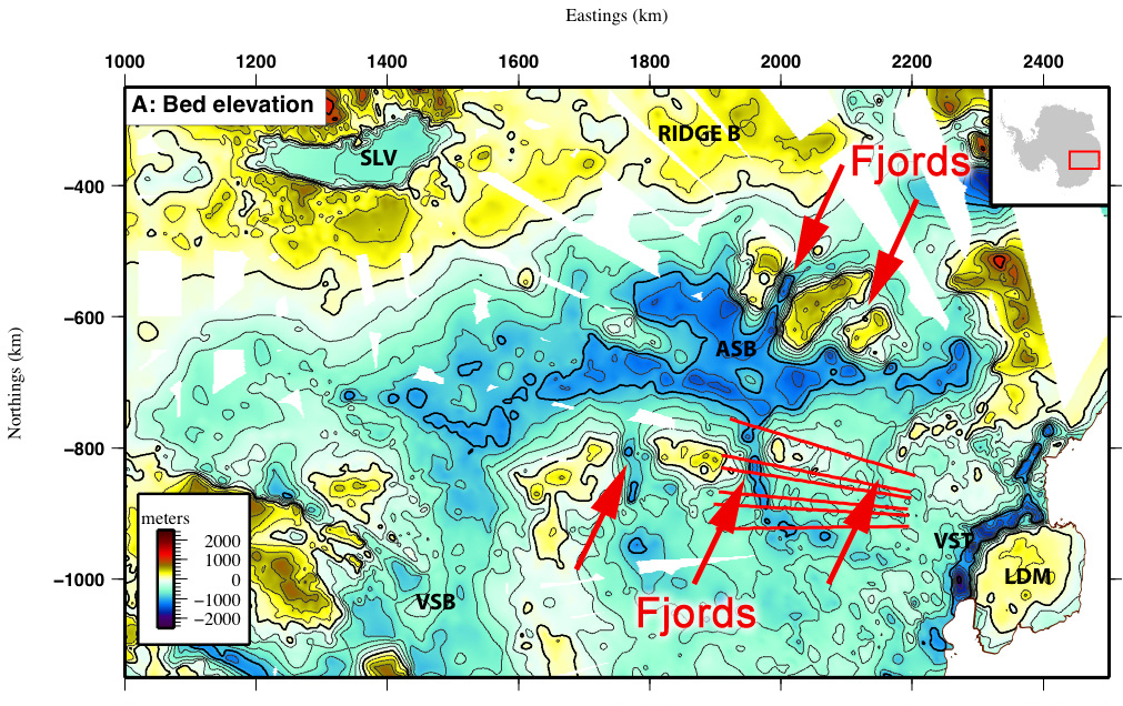 This new topographic map of a portion of the East Antarctic Ice Sheet revealed several giant fjords carved by the advancing and reatreating ice sheet between 34 and 14 million years ago.