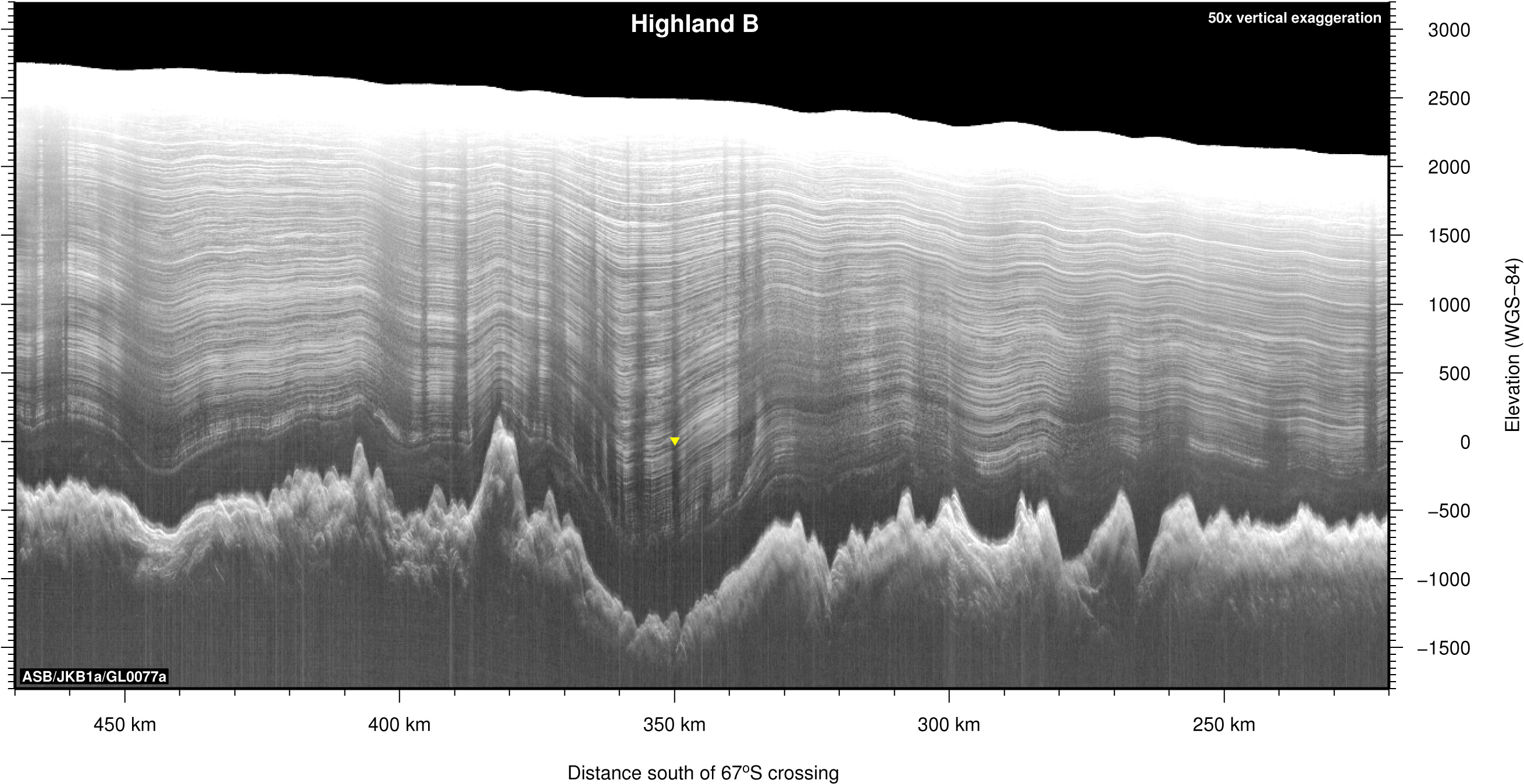This radar cross section of the ice sheet reveals the dramatic landscape at the base of the ice.