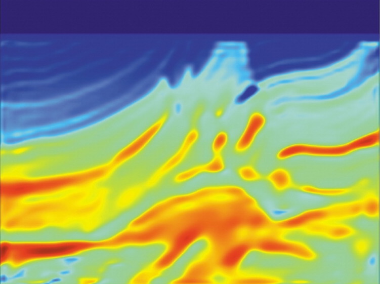 heat map colored cross section of the subsurface.